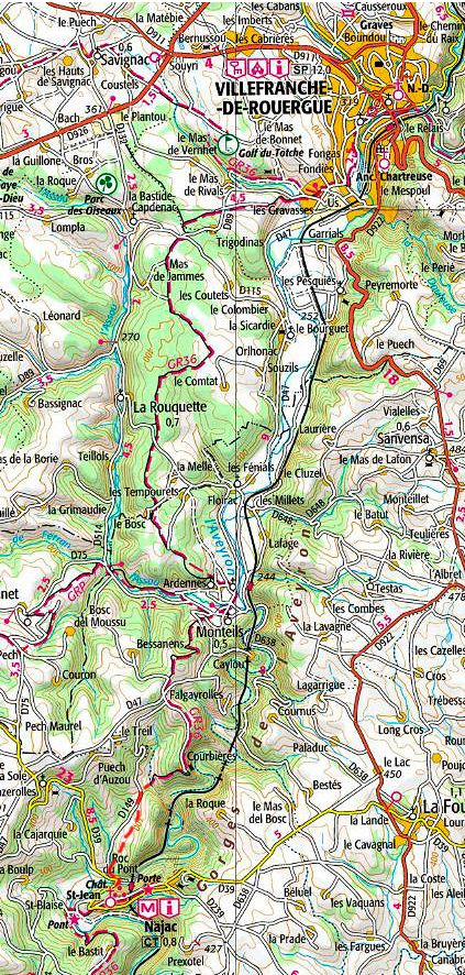 Carte du sentier de Compostelle  Villefranche de Rouergue - Najac