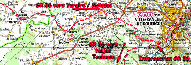 Carte du sentier de Compostelle  Villefranche de Rouergue - Laramière